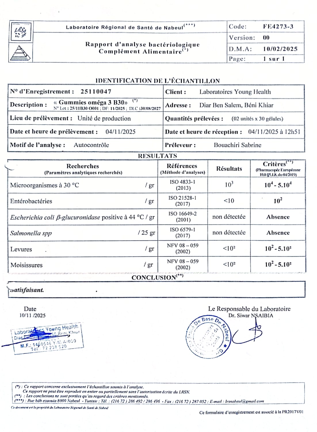 Certificat ou rapport d'analyse